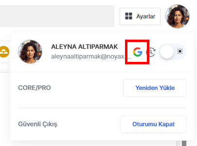 Hesap Panelindeki Google Butonu