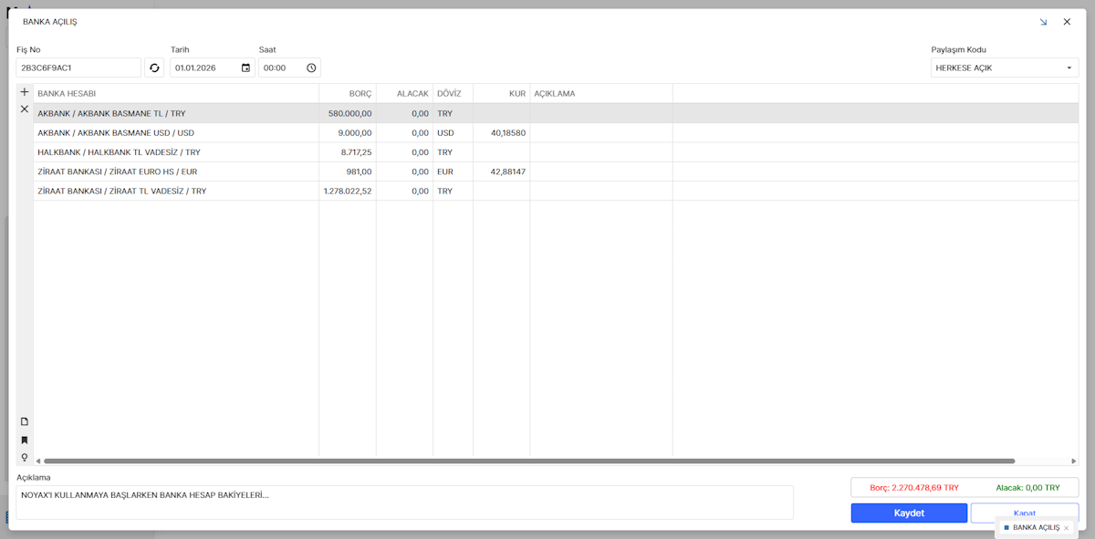 Banka Açılış Fişi