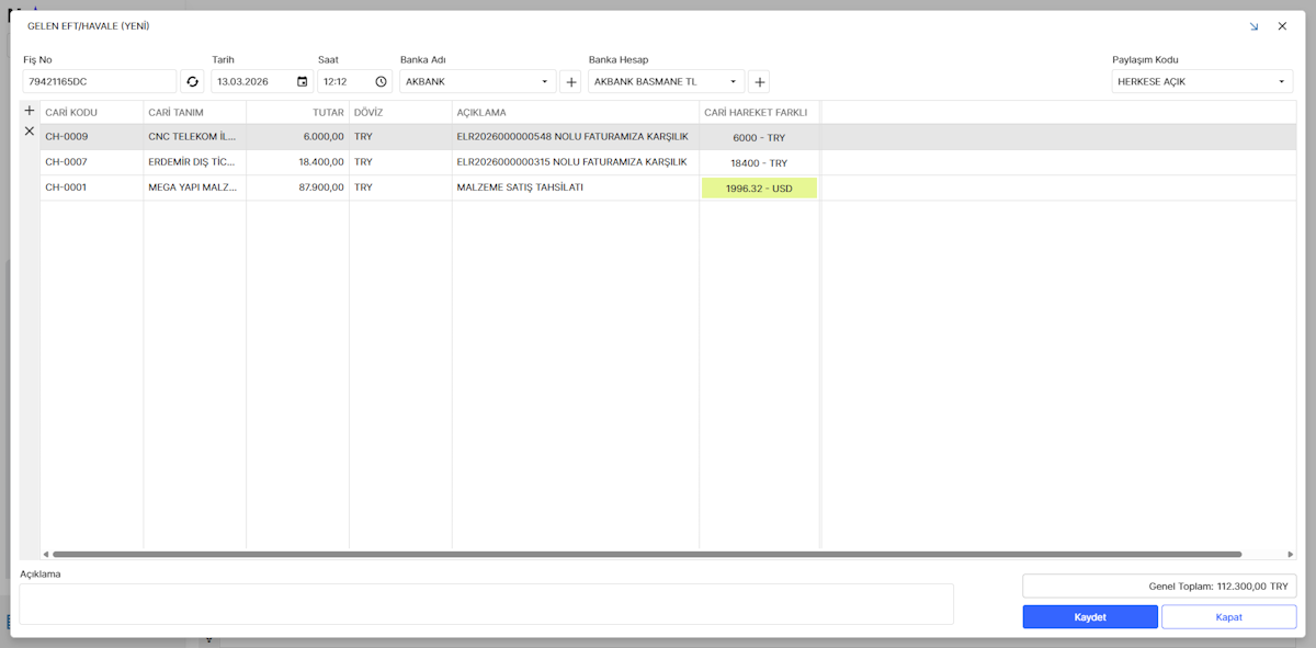 Banka Gelen EFT/Havale Fişi