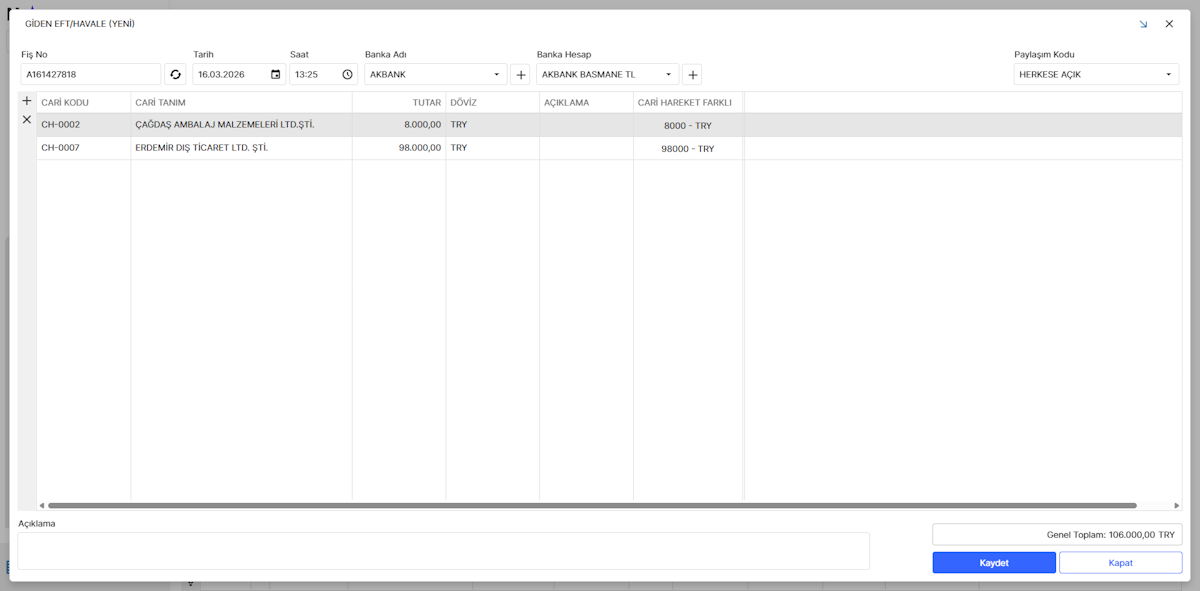 Banka Giden EFT/Havale Fişi
