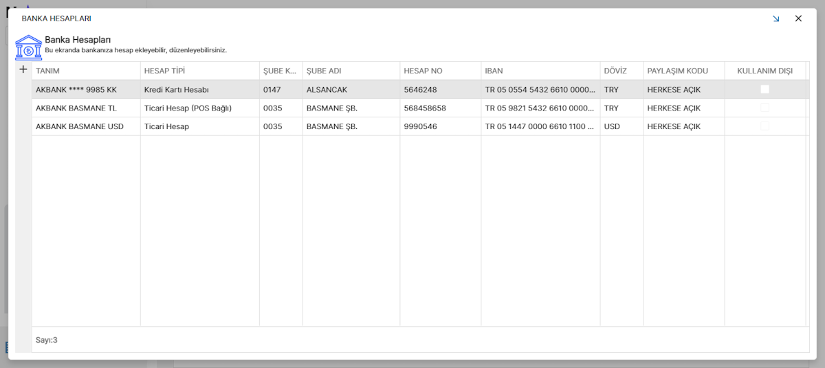 Banka Hesapları Listesi