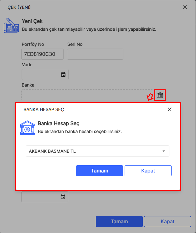 Borç Çeki Kaydı Banka Seçimi