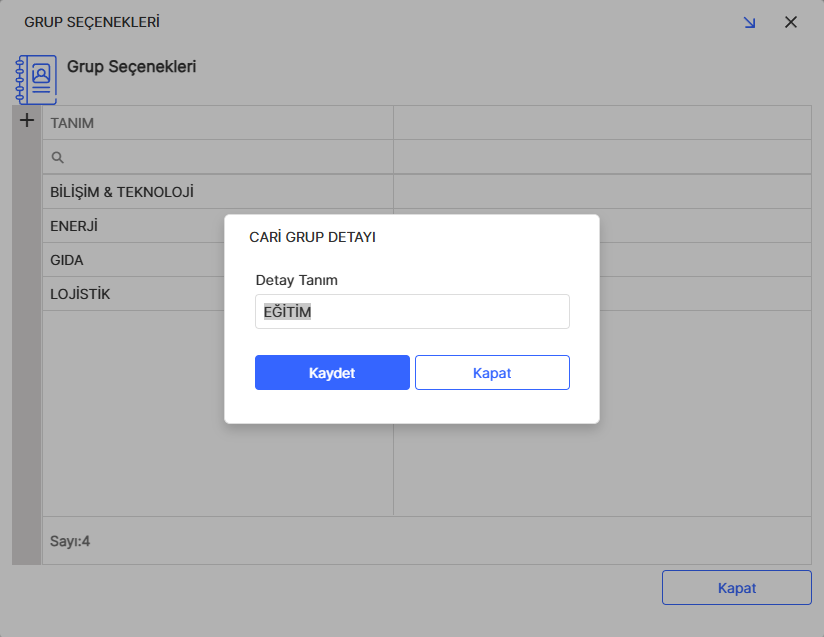Cari Grup Detayı Tanımlama