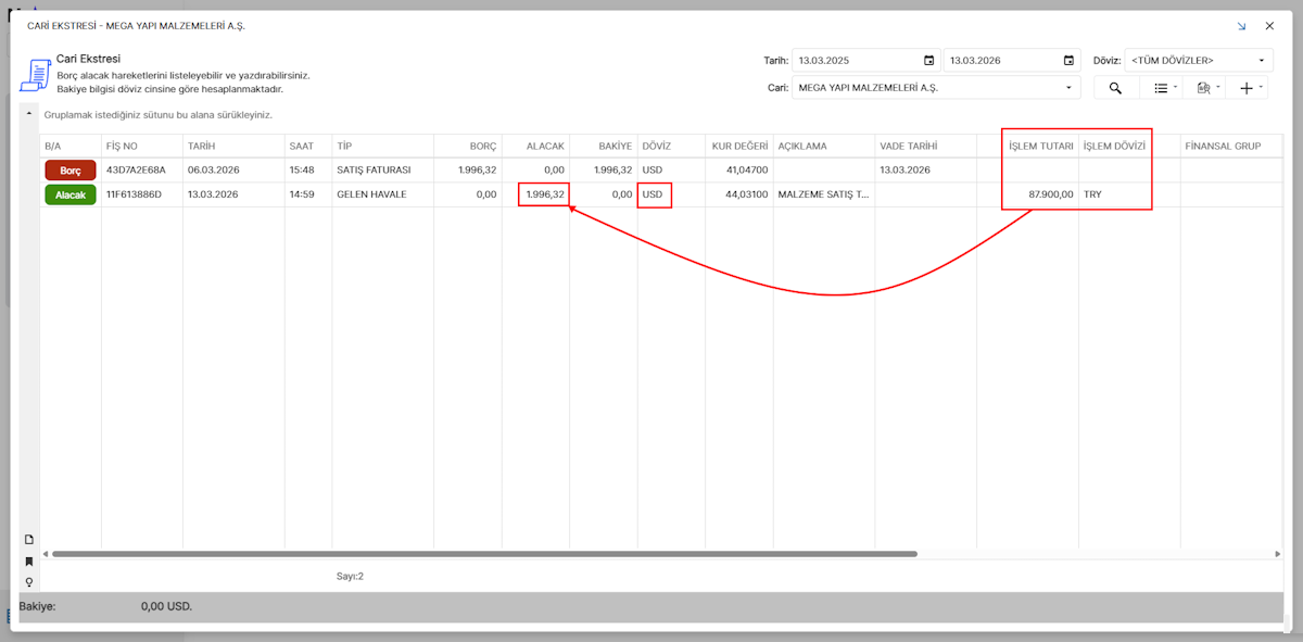 Cari Hareket Döviz Değişiminin Cari Ekstrede Görünümü