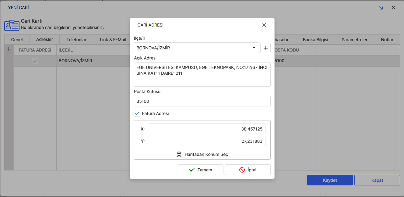 Cari Kartı Adresler Sekmesi