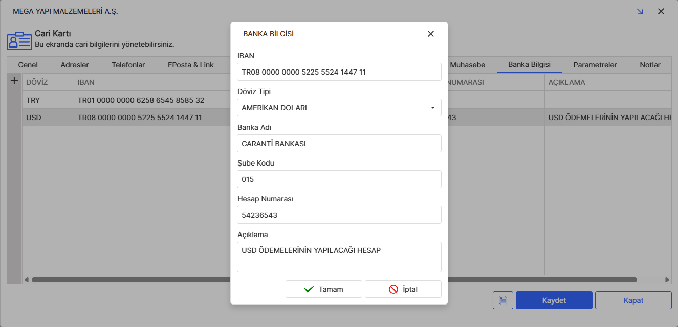 Cari Kartı Banka Sekmesi