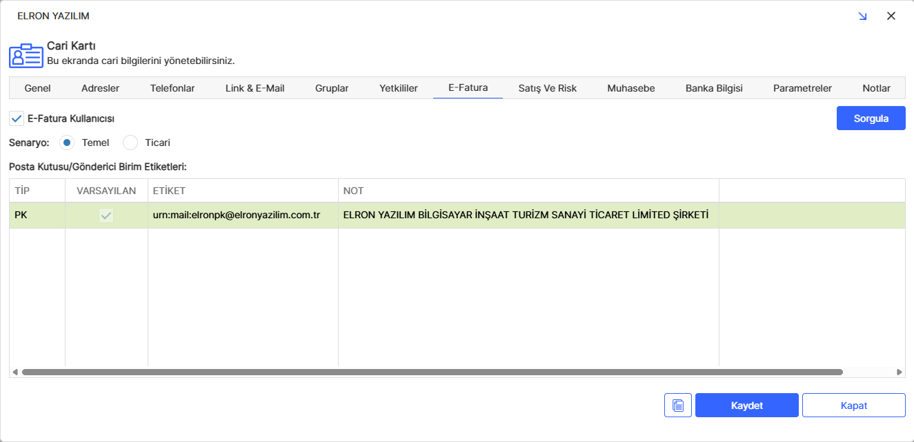 Cari Kartı e-Fatura Sekmesi