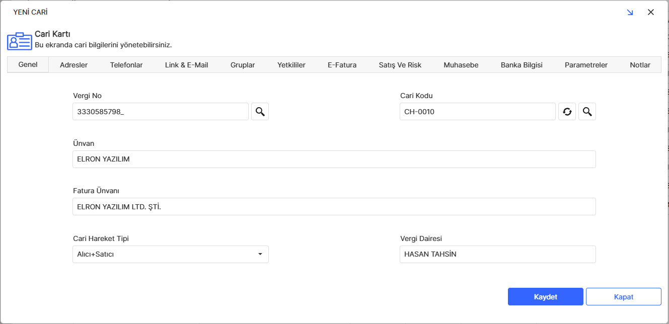 Cari Kartı Genel Sekmesi