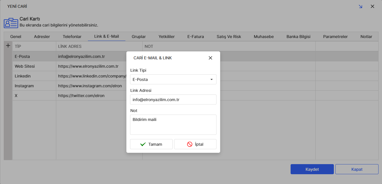 Cari Kartı Link Sekmesi