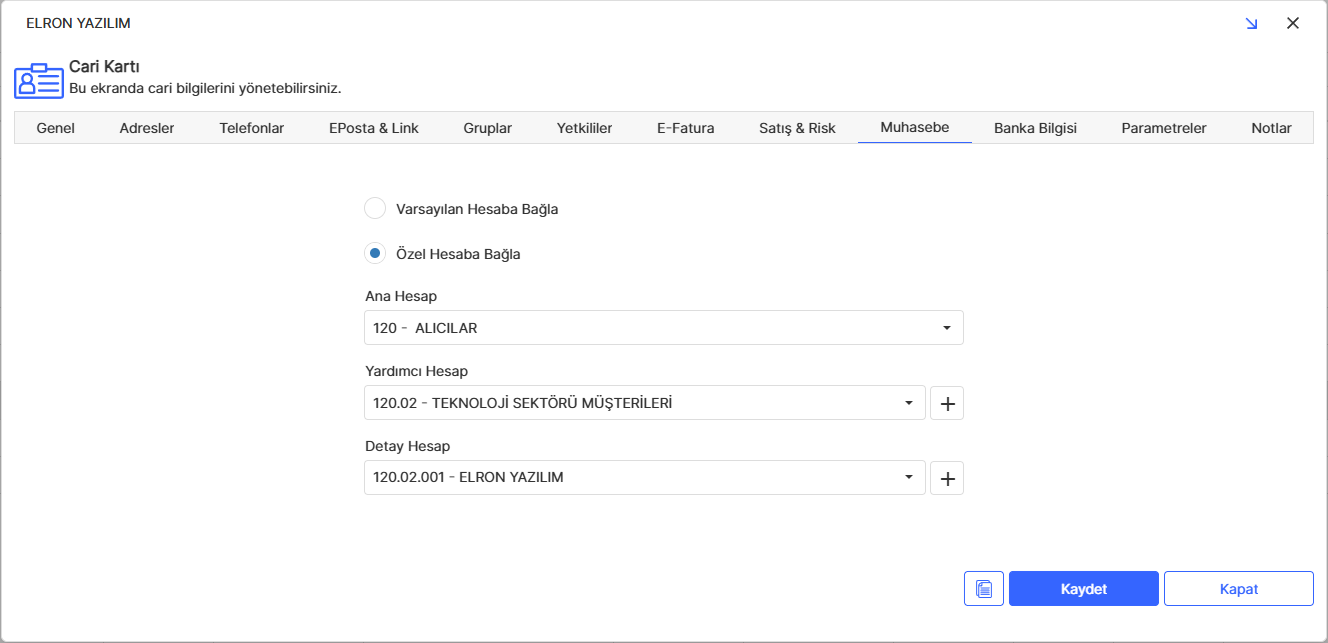 Cari Kartı Muhasebe Sekmesi