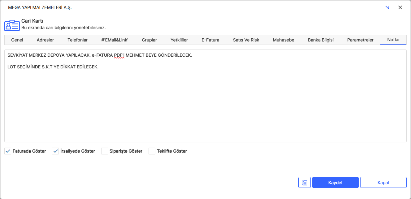 Cari Kartı NotlarParametreler Sekmesi