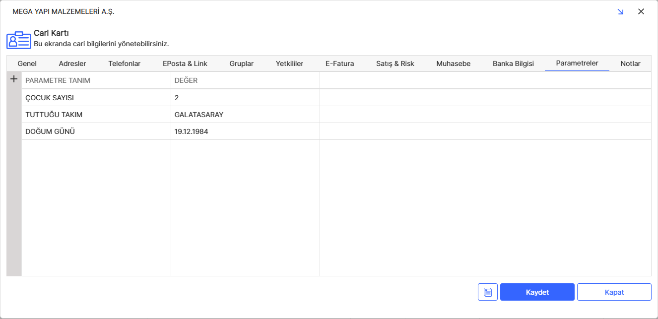 Cari Kartı Parametreler Sekmesi