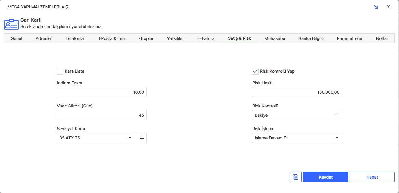 Cari Kartı Satış & Risk Sekmesi