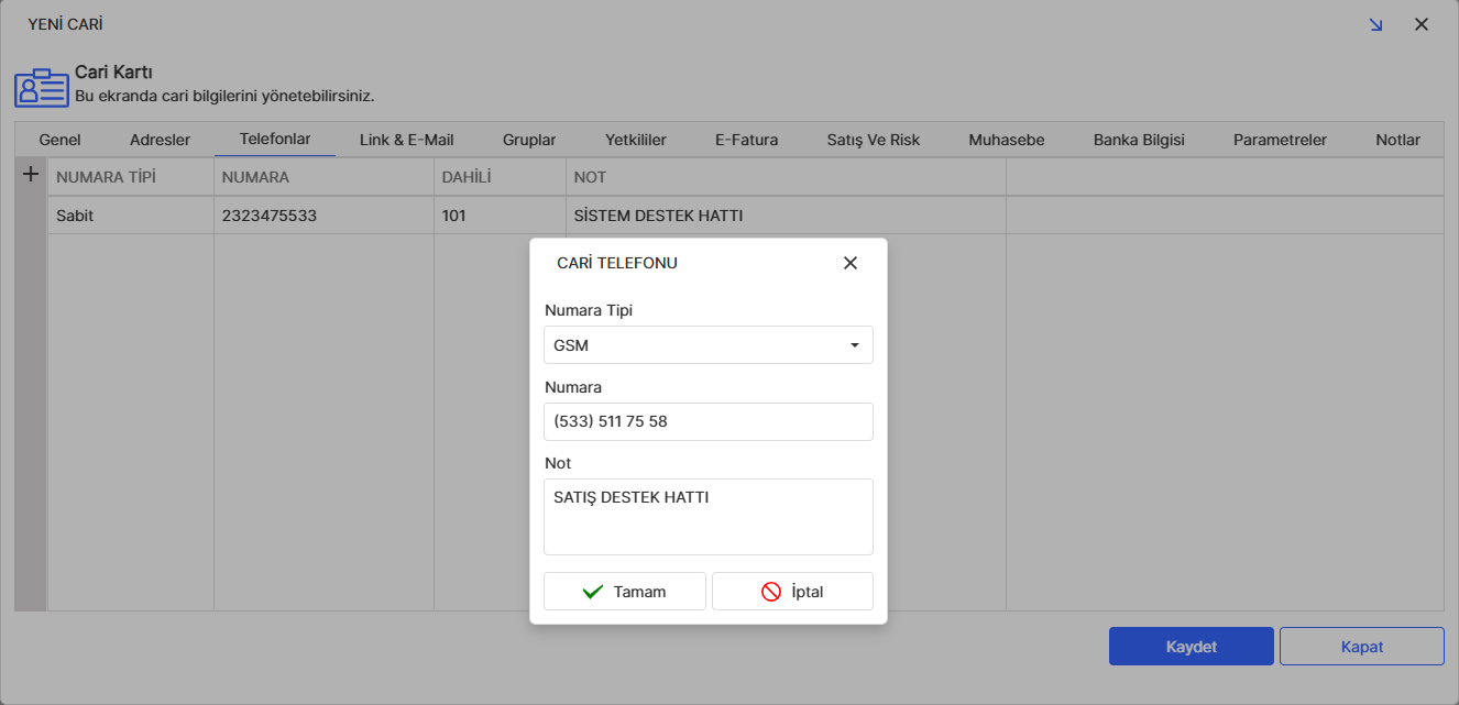 Cari Kartı Telefonlar Sekmesi