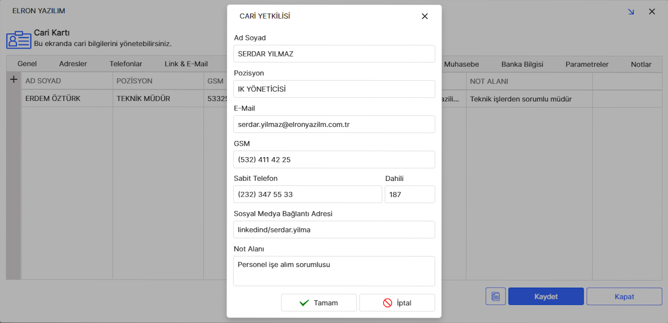 Cari Kartı Yetkililer Sekmesi