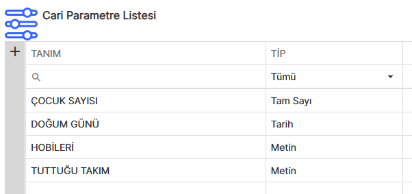 Cari Parametre Listesi