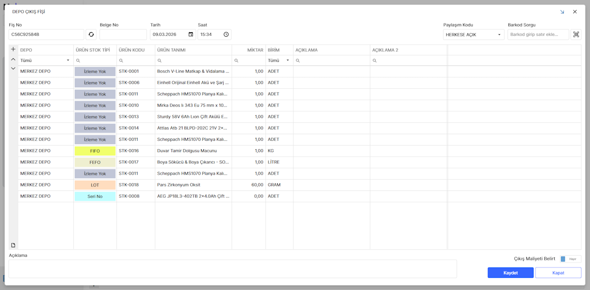 Çıkış Hareket Fişi