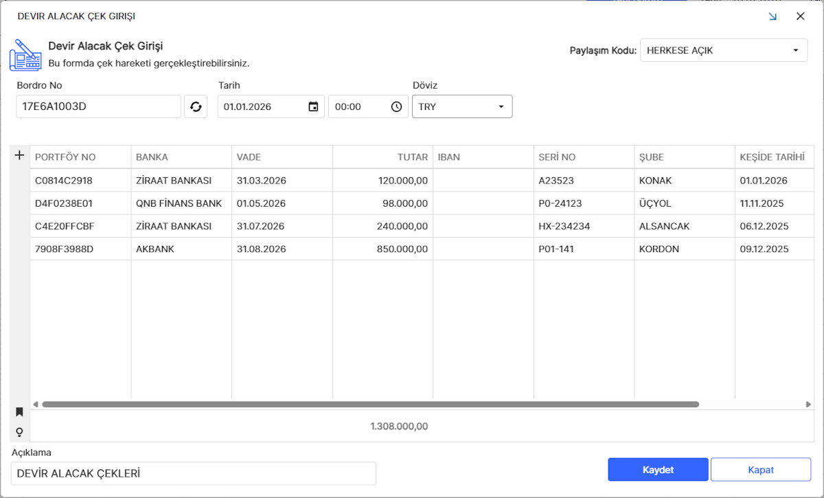 Devir Alacak Çek Girişi Bordrosu