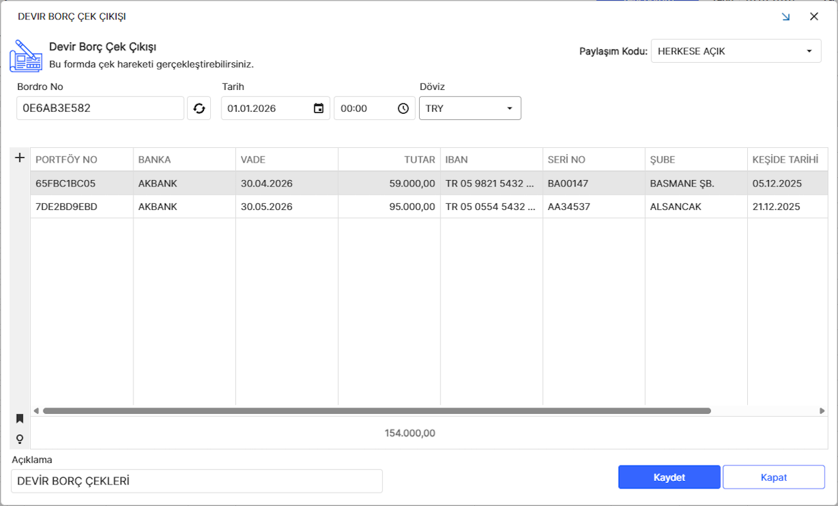 Devir Borç Çek Çıkışı Bordrosu