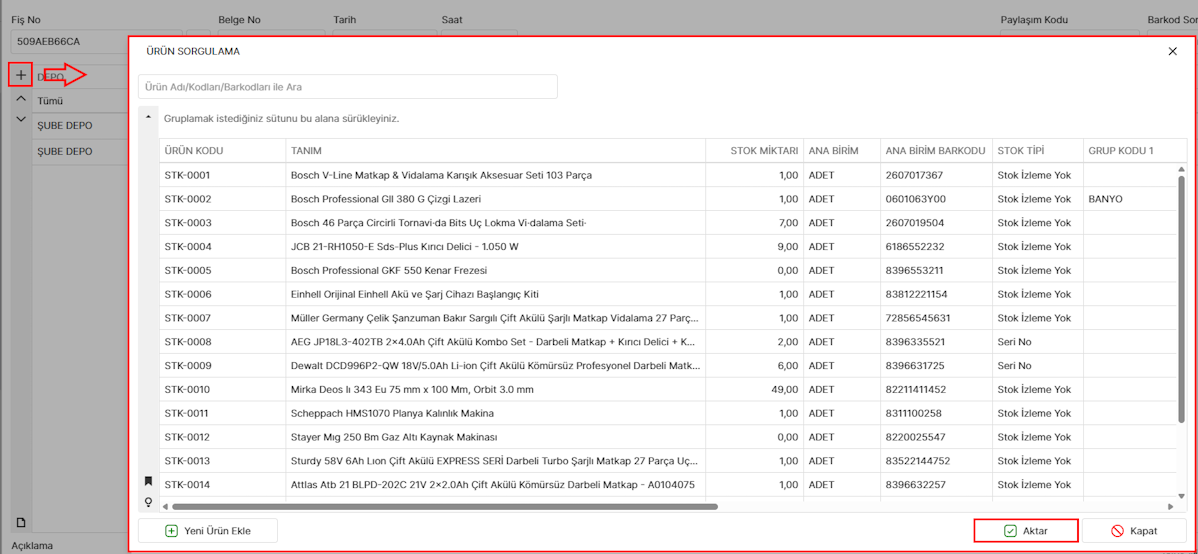 Hareket Fişi Ürün Seçimi