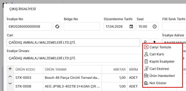 Cari seçenekleri