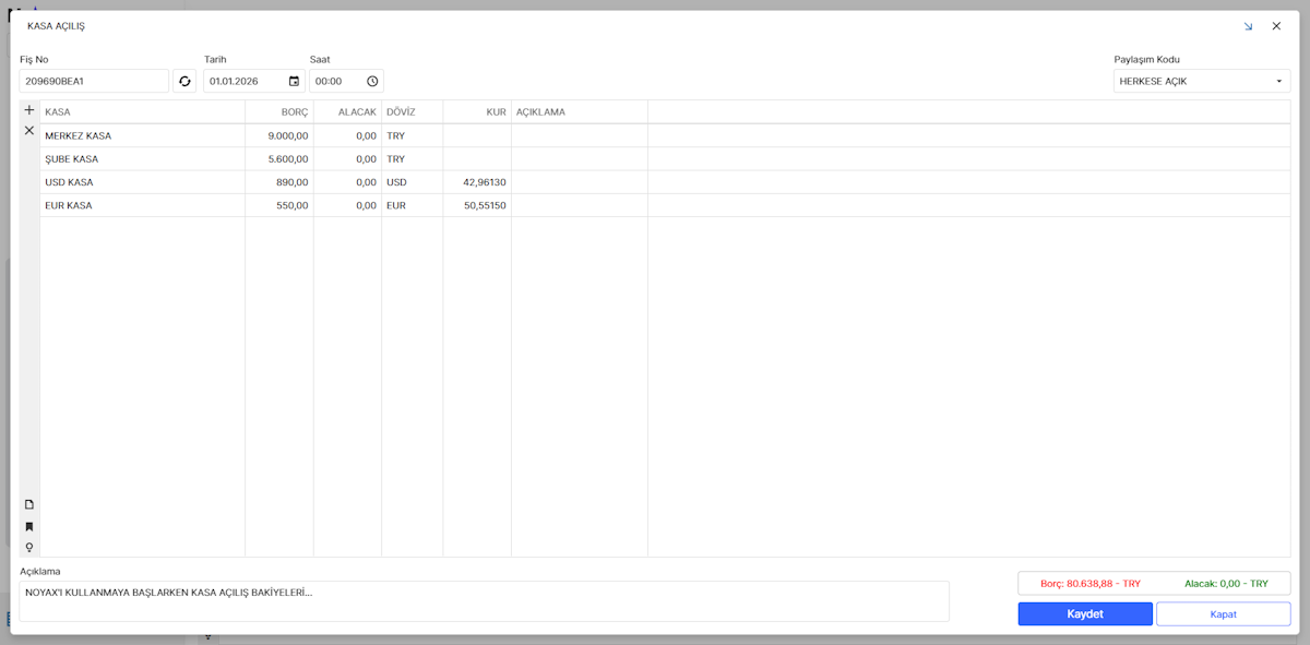 Kasa Açılış Fişi