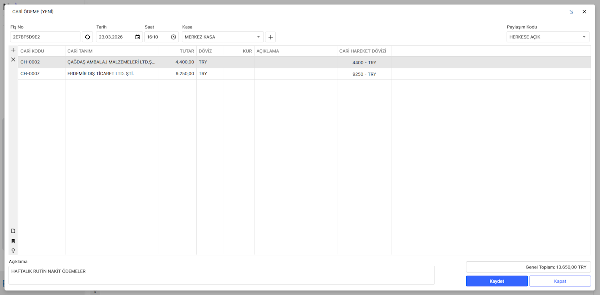 Cari Hesaba Ödeme Fişi