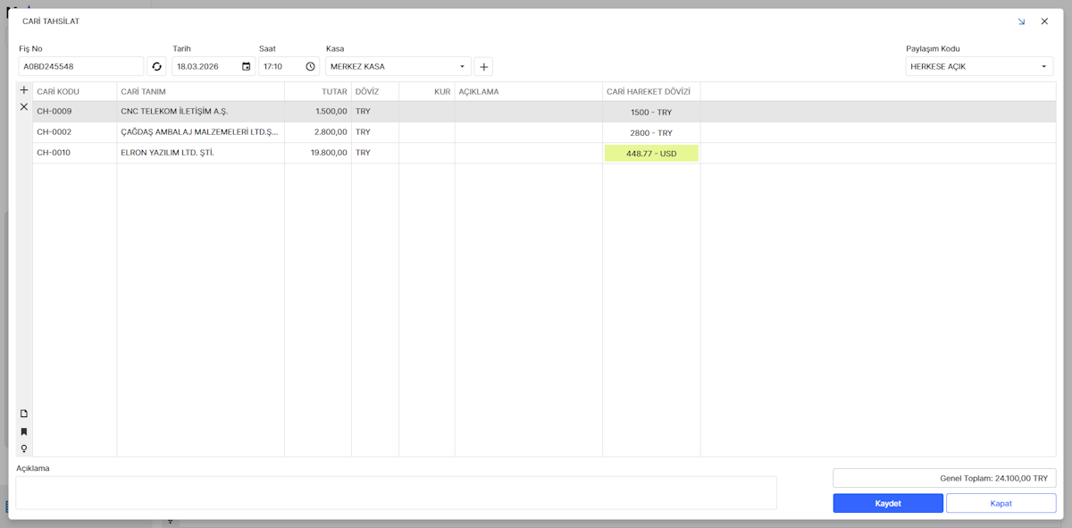 Cari Hesaptan Tahsilat Fişi