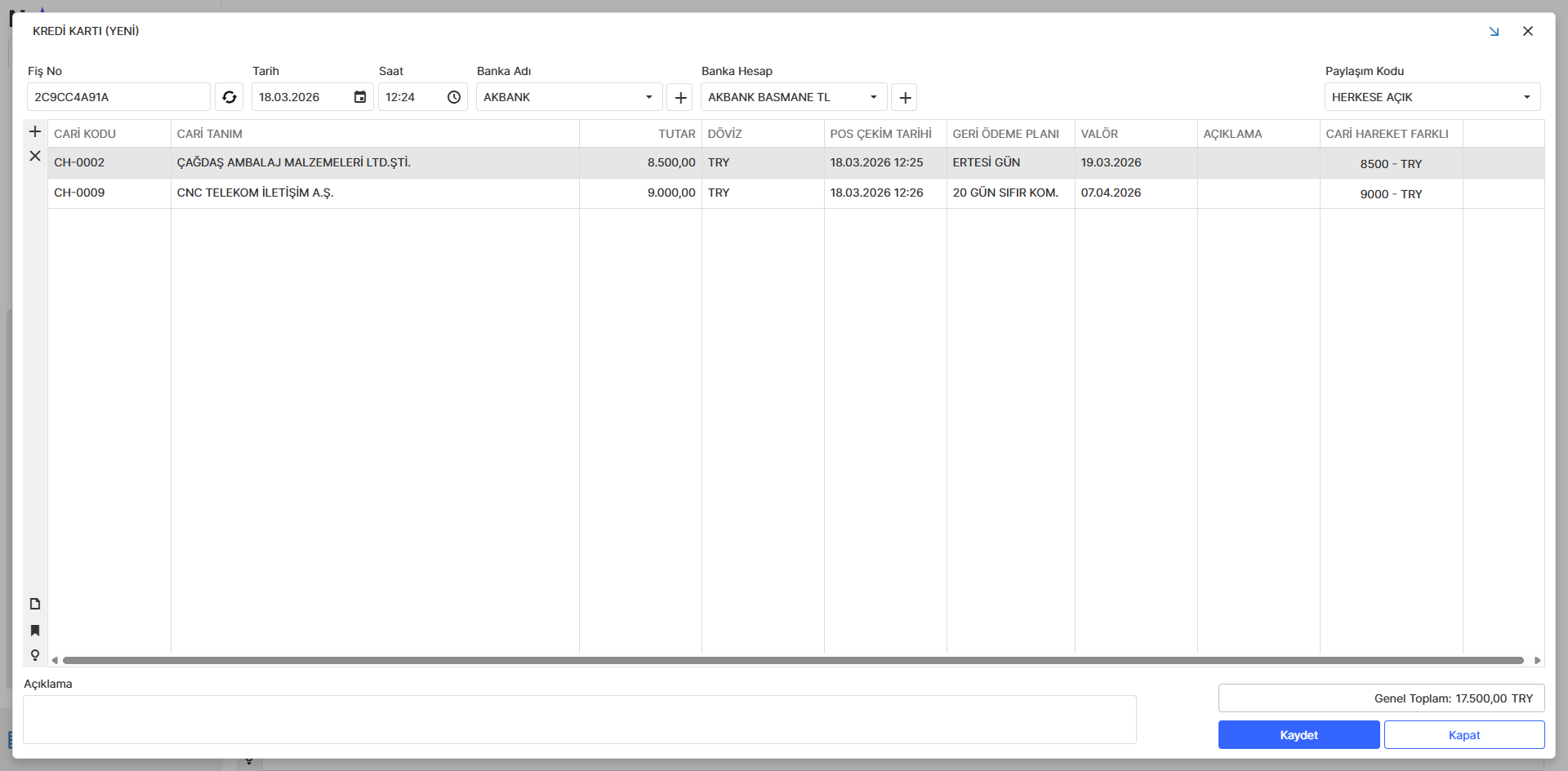 Kredi Kartı Tahsilat Fişi