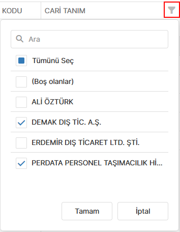 Metin Alanın Başlık Filtresi