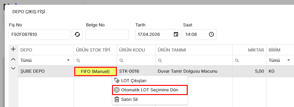Lot Çıkışını Manuel Belirleme İbaresi