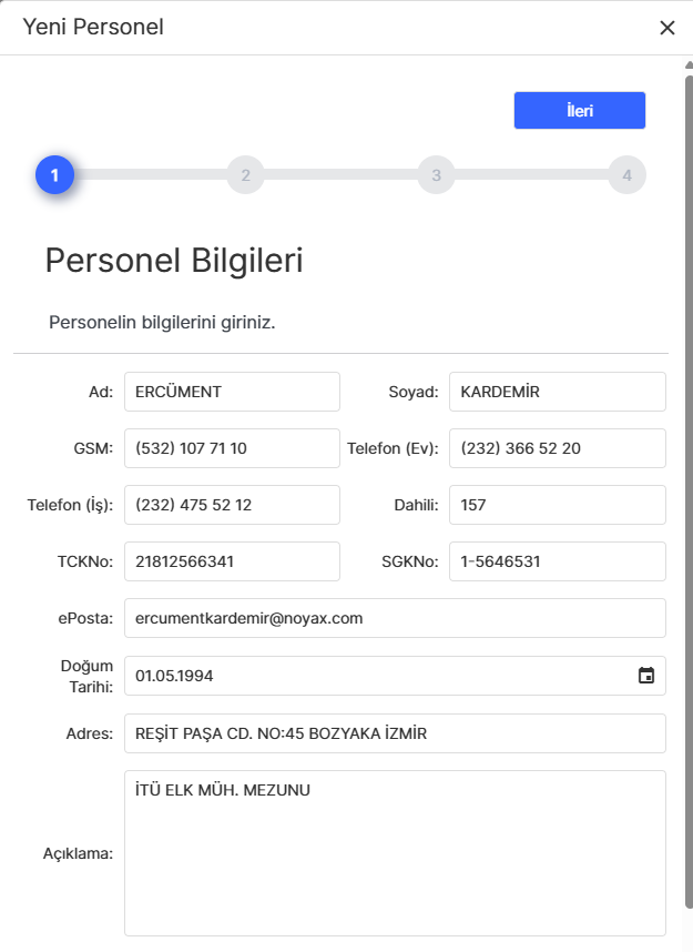 Personel Bilgileri Adımı