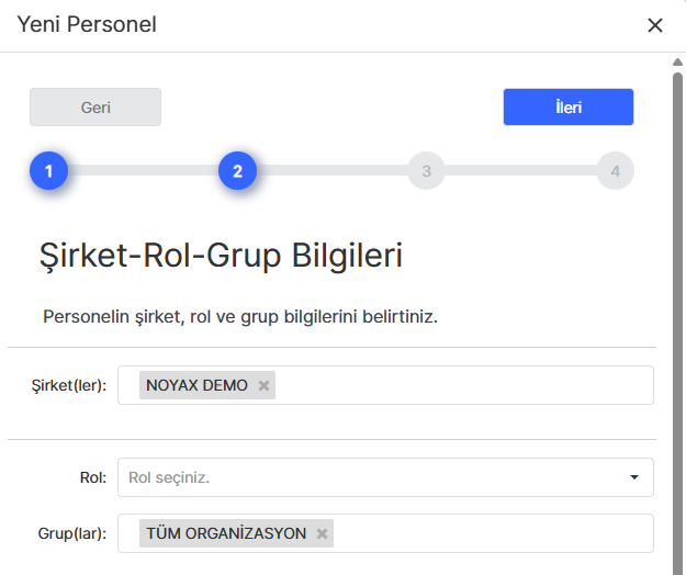 Şirket-Rol-Grup Bilgileri Adımı