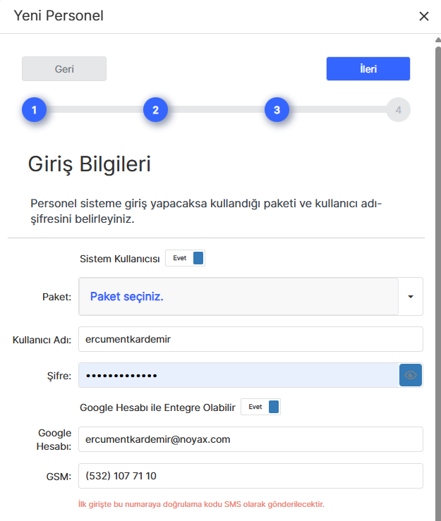 Giriş Bilgileri Adımı