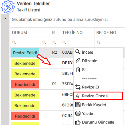 Revize Teklif Sağ Tıklama Menüsü