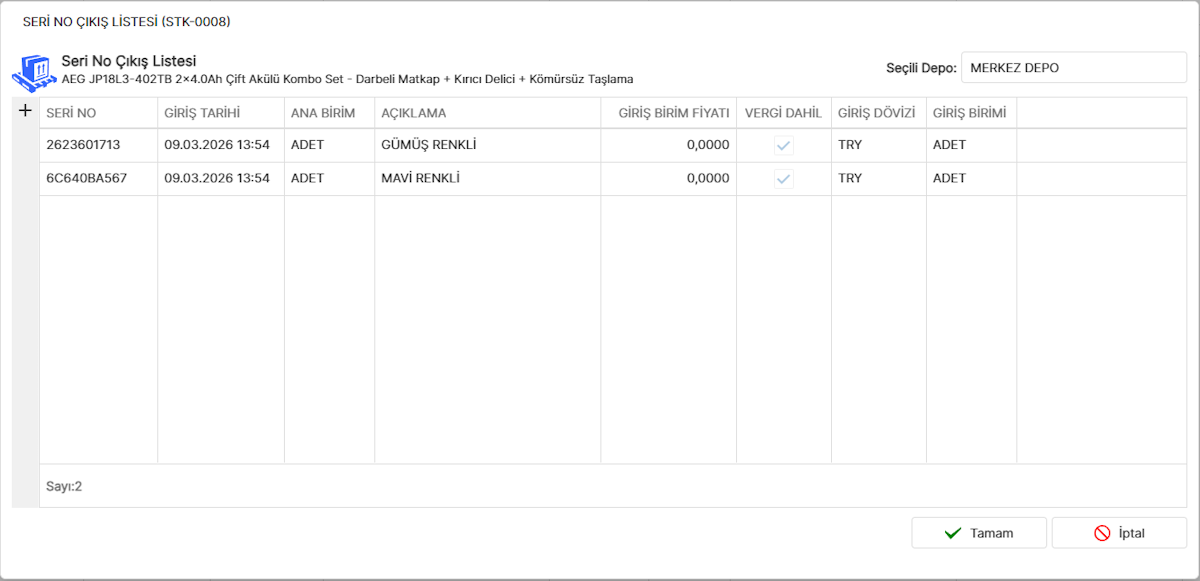 Seri No Çıkış Listesi