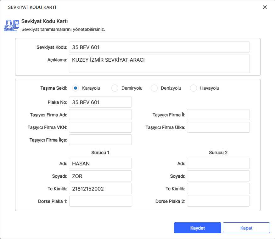 Sevkiyat Kodu Tanımlama