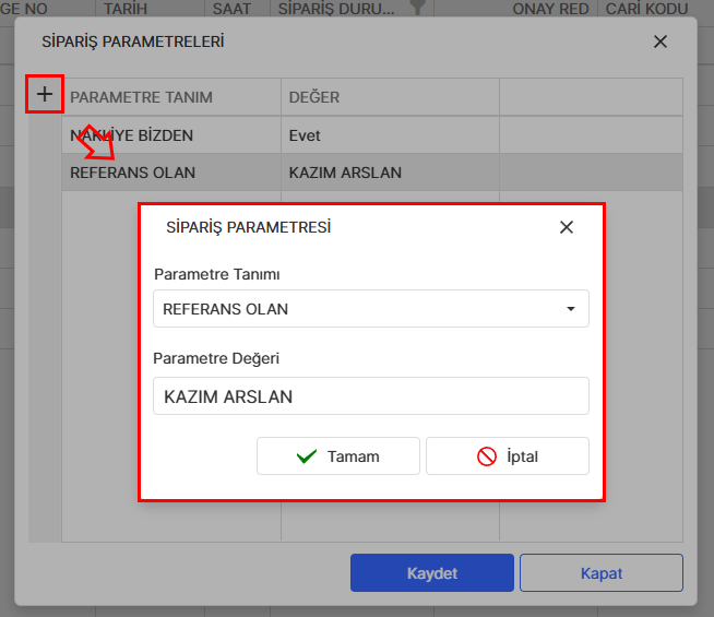 Sipariş Parametre Değeri Atama