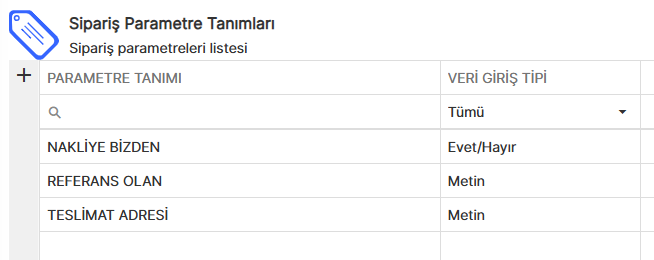 Sipariş Parametreleri Listesi