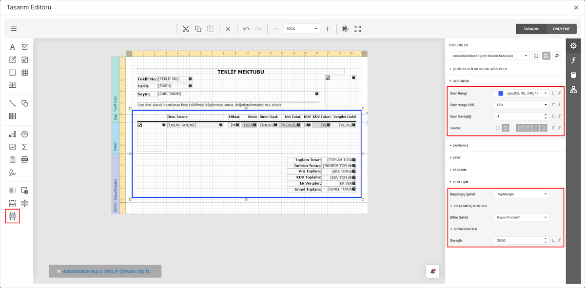 Şerit Kesen Kutucuğu Tasarıma Ekleme