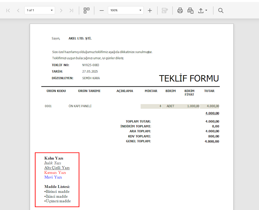 RTF Çıktısı