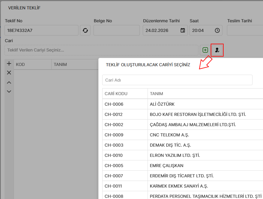 Teklif verilecek cari seçimi