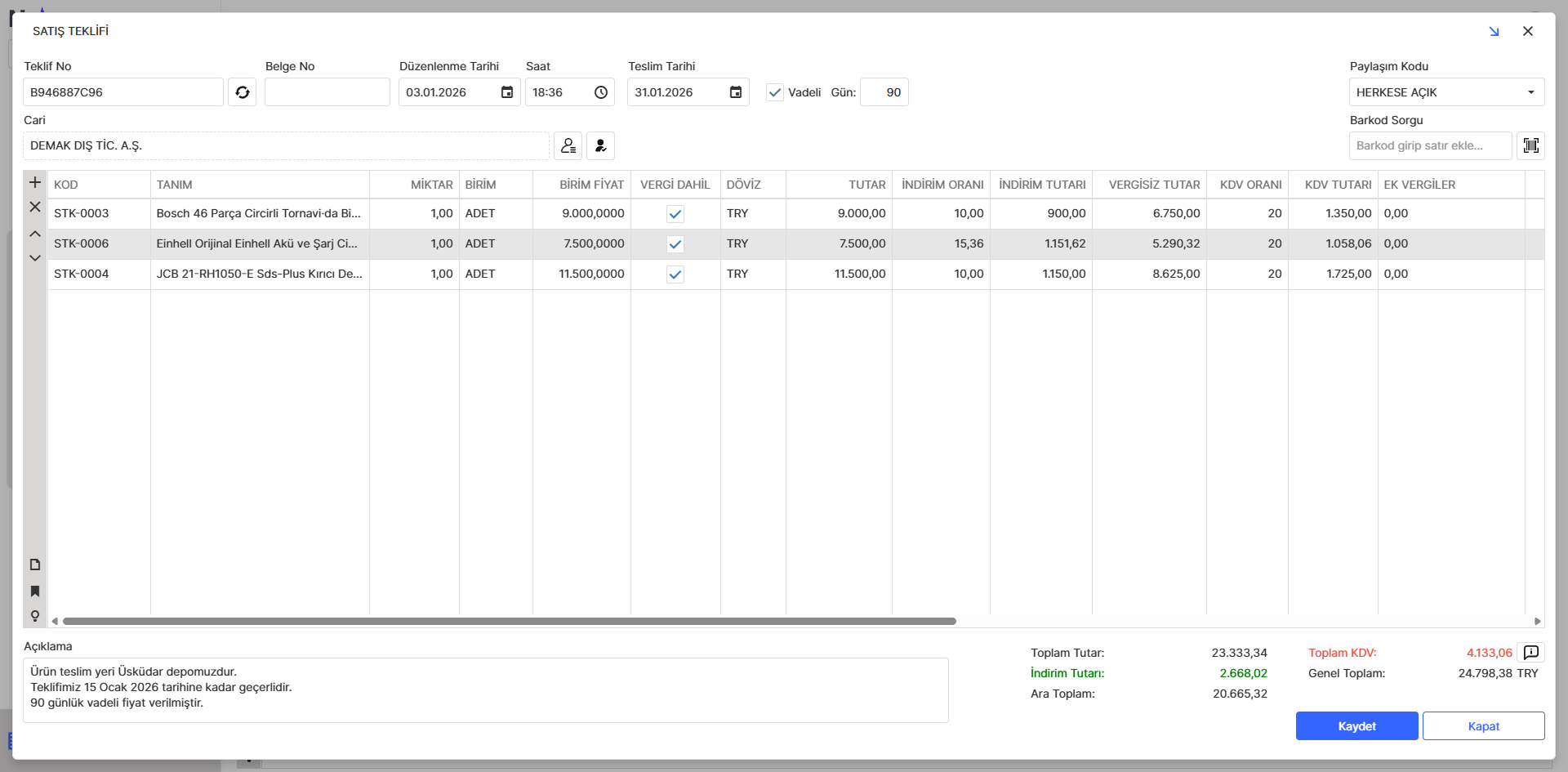 Verilen Teklifler Kartı