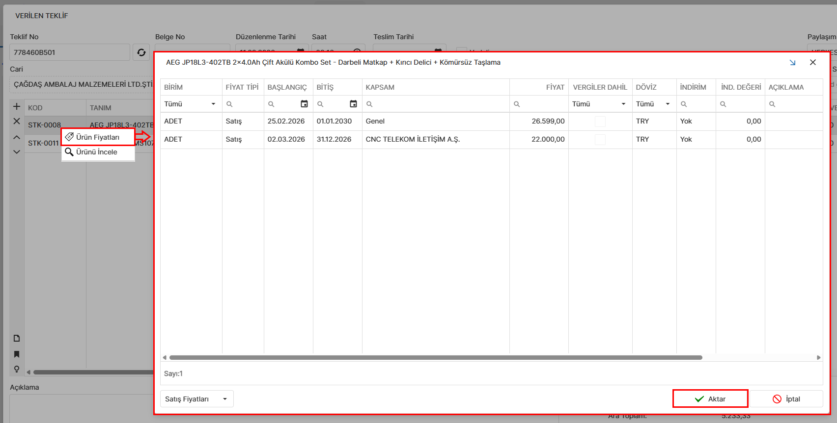 Teklif Satıları Sağ Tıklama Menüsü
