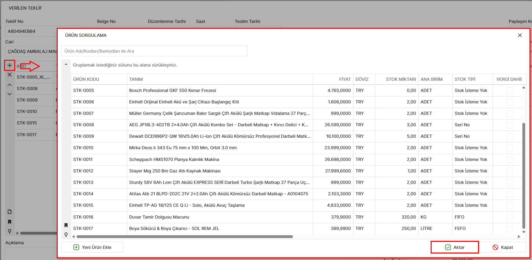 Teklif verilecek ürün seçimi