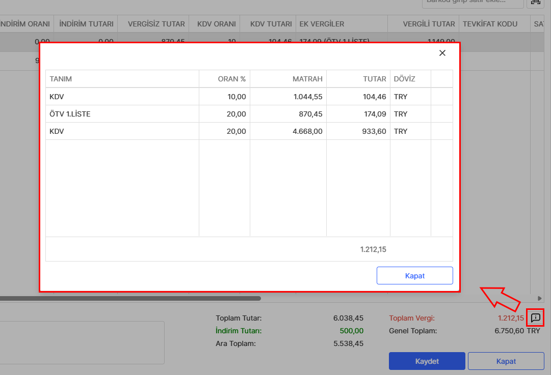 Teklif vergi detayları ekranı
