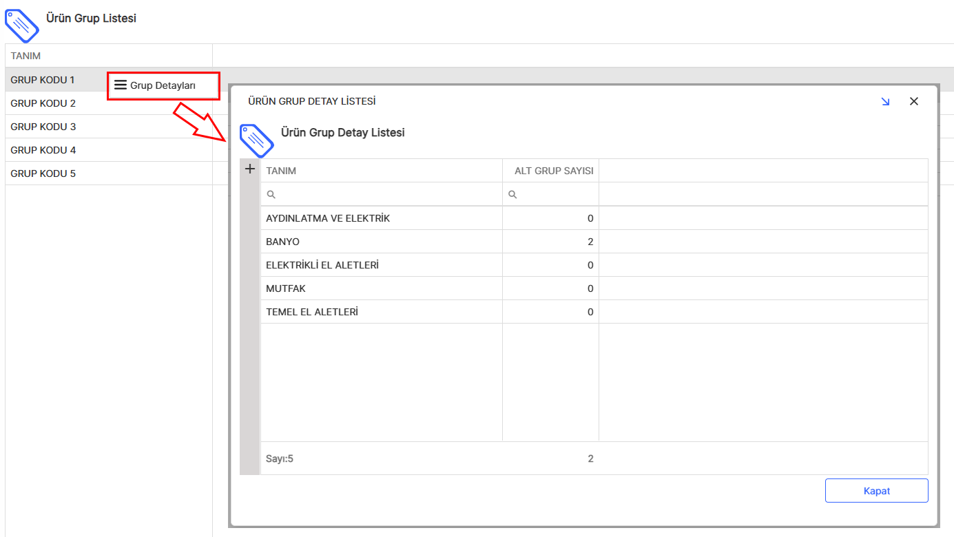 Ürün Grup 1 Detayları Listesi