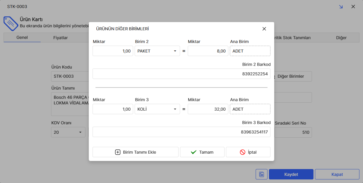 Ürün Diğer Birimler Ekranı