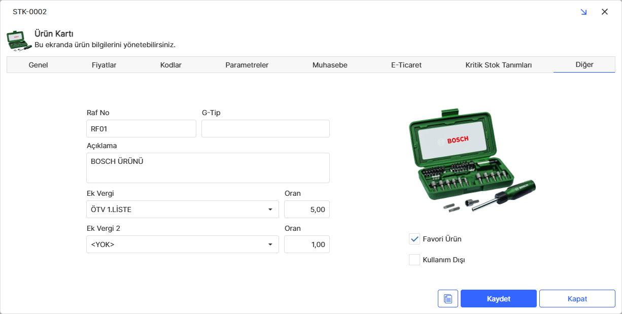 Ürün Kartı Diğer Sekmesi