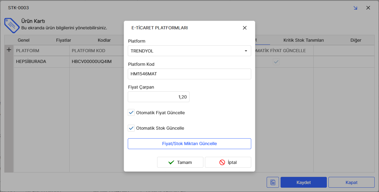 Ürün Kartı ETicaret Sekmesi